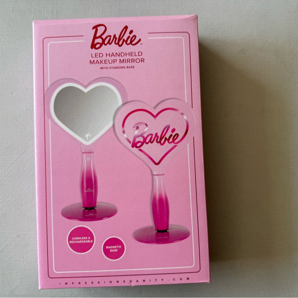 NIB Barbie LED Handheld Makeup Mirror with Standing Base